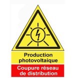 Etiquette Adh. 4x5.5 cms"Production Photovoltaïque - Coupure Réseau de Distribution"