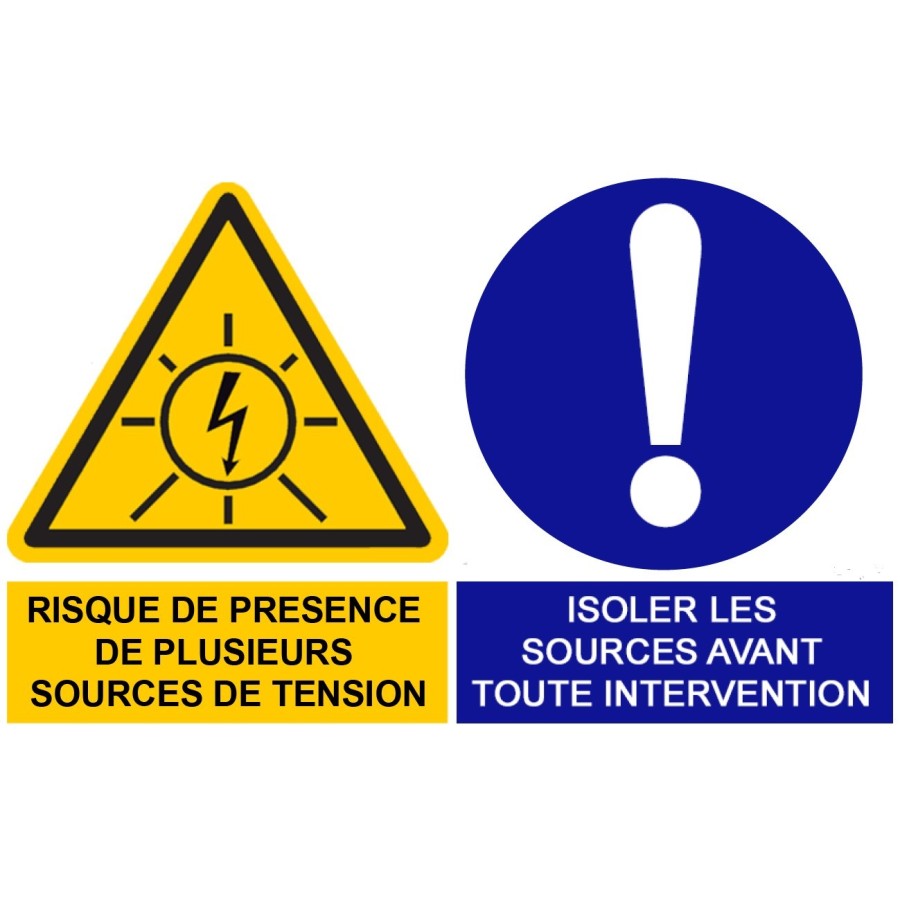 Etiquette Adh. 8x5 cms "Risque de présence de plusieurs sources de tension - Isoler les sources..." Etiquette Adh. 8x5 cms "Risque de présence de plusieurs sources de tension - Isoler les sources..."