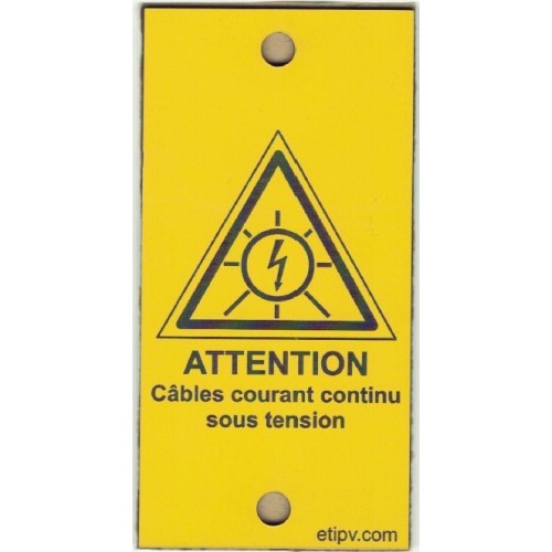 Plaque 10x5 cms RIGIDE PVC GRAVOPLY ULTRA à sertir ou coller "ATTENTION Courant Continu sous Tension"