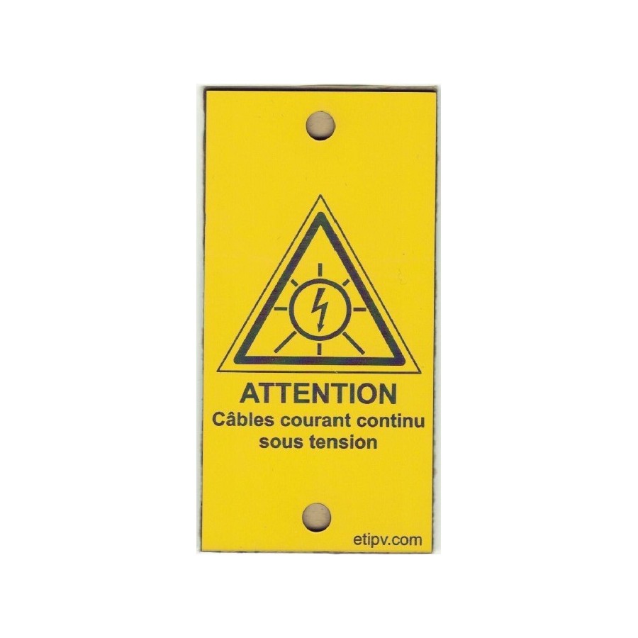 Plaque 10x5 cms RIGIDE PVC GRAVOPLY ULTRA à sertir ou coller "ATTENTION Courant Continu sous Tension"